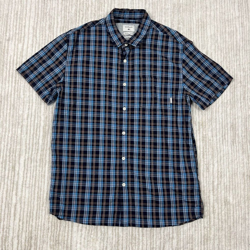 Quiksilver Mens Button Down Plaid Shirt Blue Modern Fit Size Medium‎